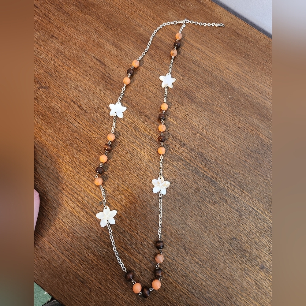 Delicate White Flower Bead Necklace in Orange and Brown